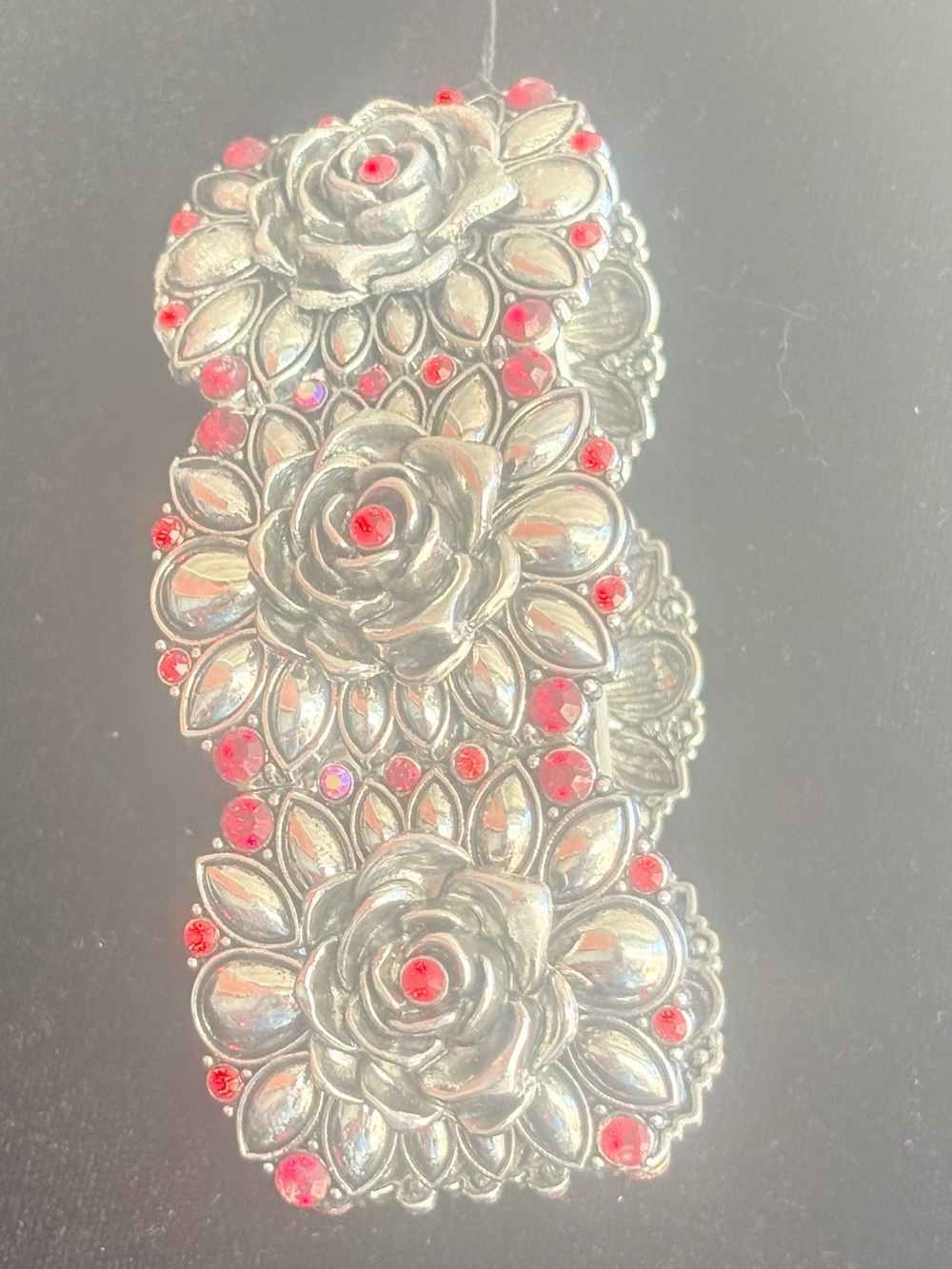 Silver Floral Statement Bracelet with Red Accents